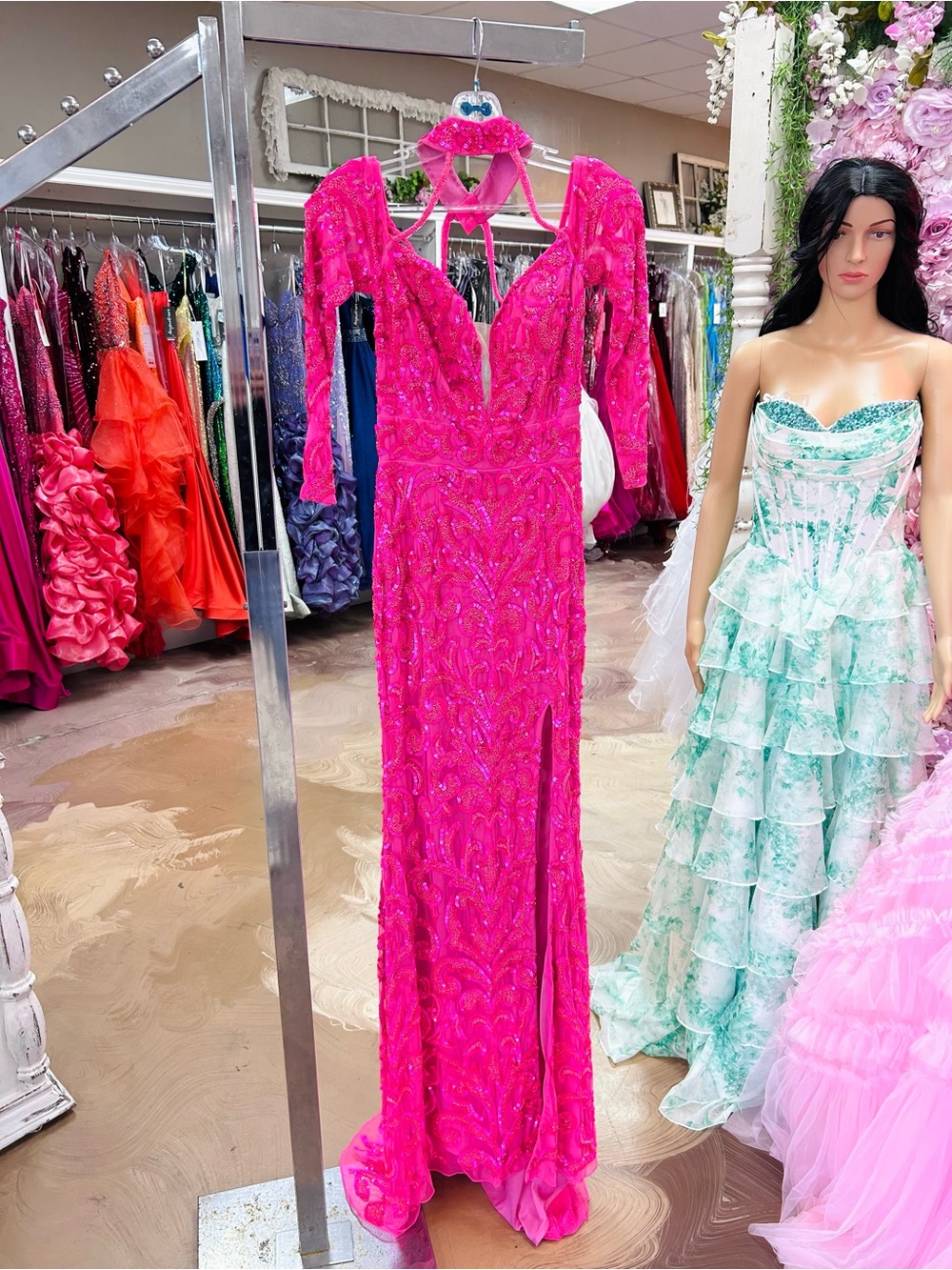 Elegant Hot Pink Beaded Evening Gown with Long Sleeves